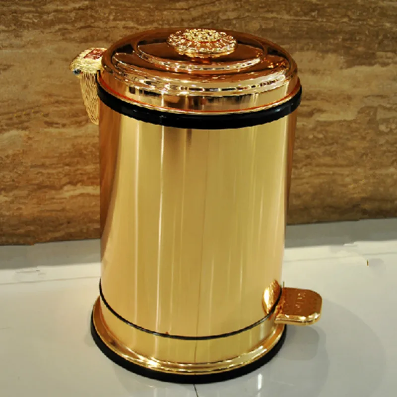 Cubo de basura de metal con pedal dorado de lujo, Cubo de almacenamiento cubierto para hotel, villa, cocina, sala de estar, Baño
