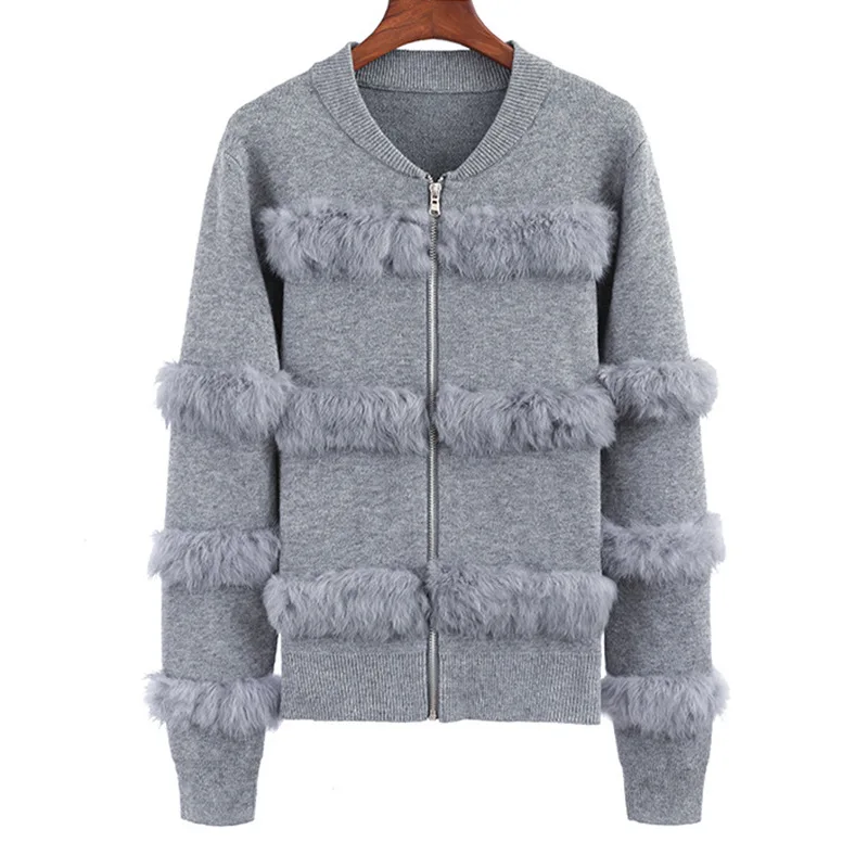 

Women 's sweater lazy cardigan sweater 2021 new outer wear loose real rabbit fur stitching sweater