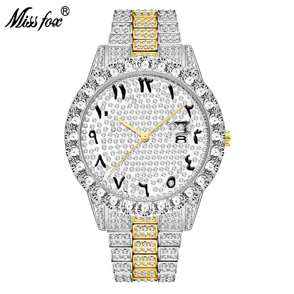 

MISSFOX Arabic Numerals Mens Watches Luxury Complete Calendar Stainless Steel Strap Full Rhinestones Golden Wristwatch 2643A