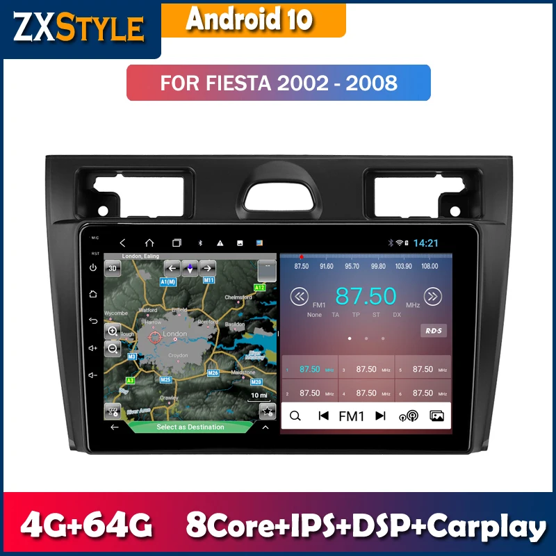

9-дюймовый автомобильный DVD-плеер для Ford Fiesta 2002-2008 Android 10 мультимедийный стерео Carplay BT WIFI навигация GPS