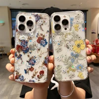 luxury flowers phone case for hone 13 12 11 pro max xs xr 7 8 plus se 2020 coque transparent glitter bling floral black cover