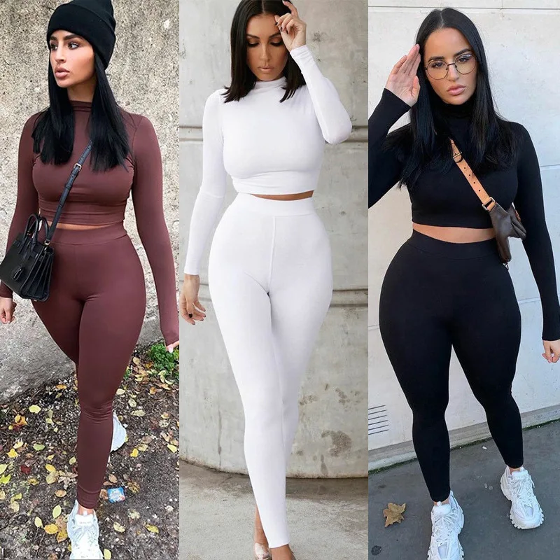 Two Piece Matching Set Women Autumn Tracksuit Casual Wear Long Sleeve Skinny Outfit Solid Basic Jogging Leggings
