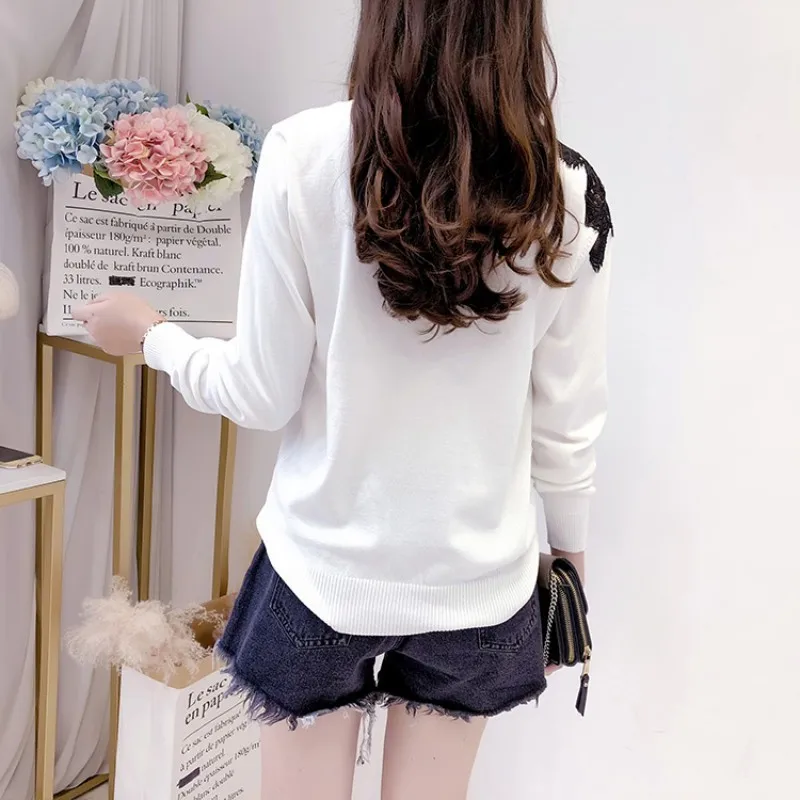 Chic Lace Patchwork Hollow Out Long Sleeve Womens Sweaters Korean Fashion New Loose Fit O-Neck Female Pullover Knitting Tops | Женская