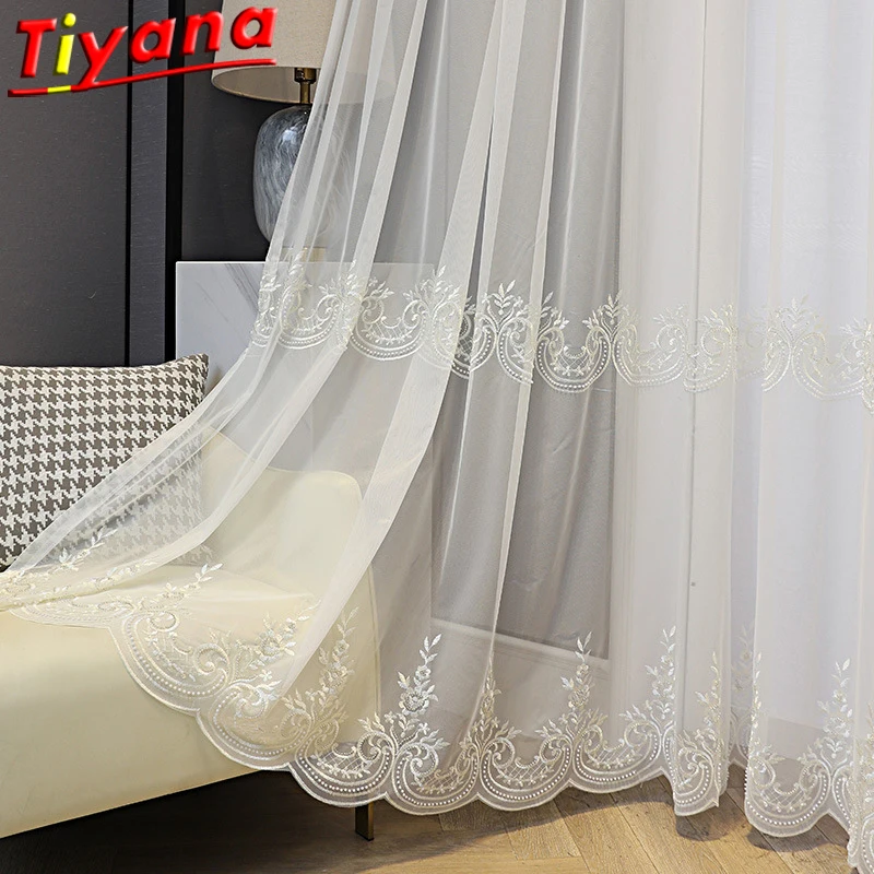 Beads Embroidered Tulle Curtains for Living Room Light Luxury Pearls White Sheer Voile for Balcony White Tread Window Screen #VT