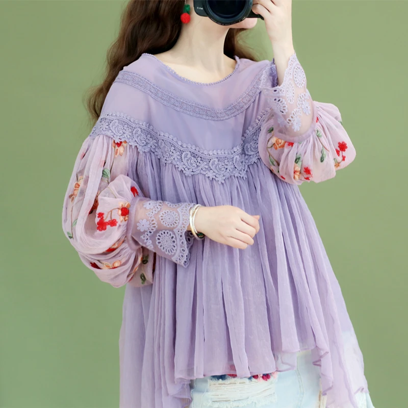 Original Design AIGYPTOS Spring Women Sweet Elegant Purple Blouses Ladies Vintage Embroidery Lantern Sleeve Lace Chiffon Shirts