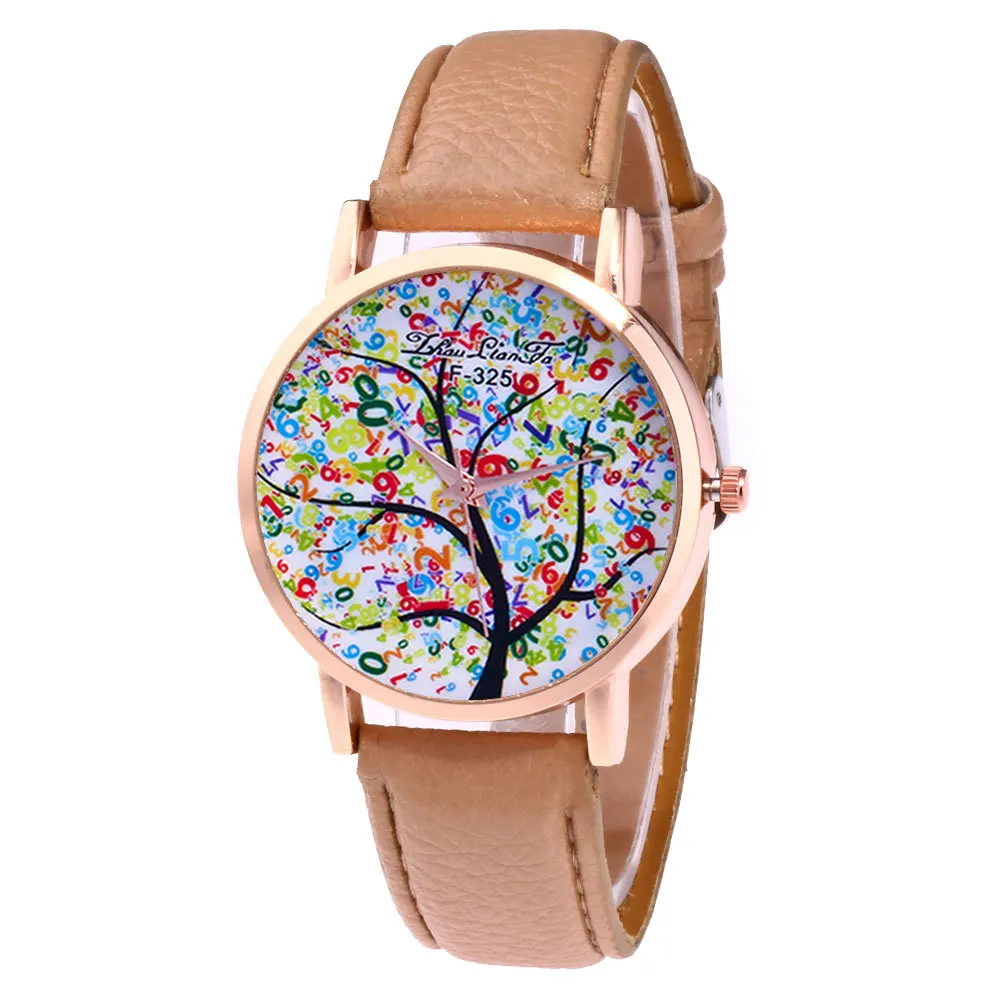 

Casual Children Quartz Watch Girl Pink Leather Strap Multicolor Tree Pattern Alloy Dial Kids Watches Ladies Gift Women Watches