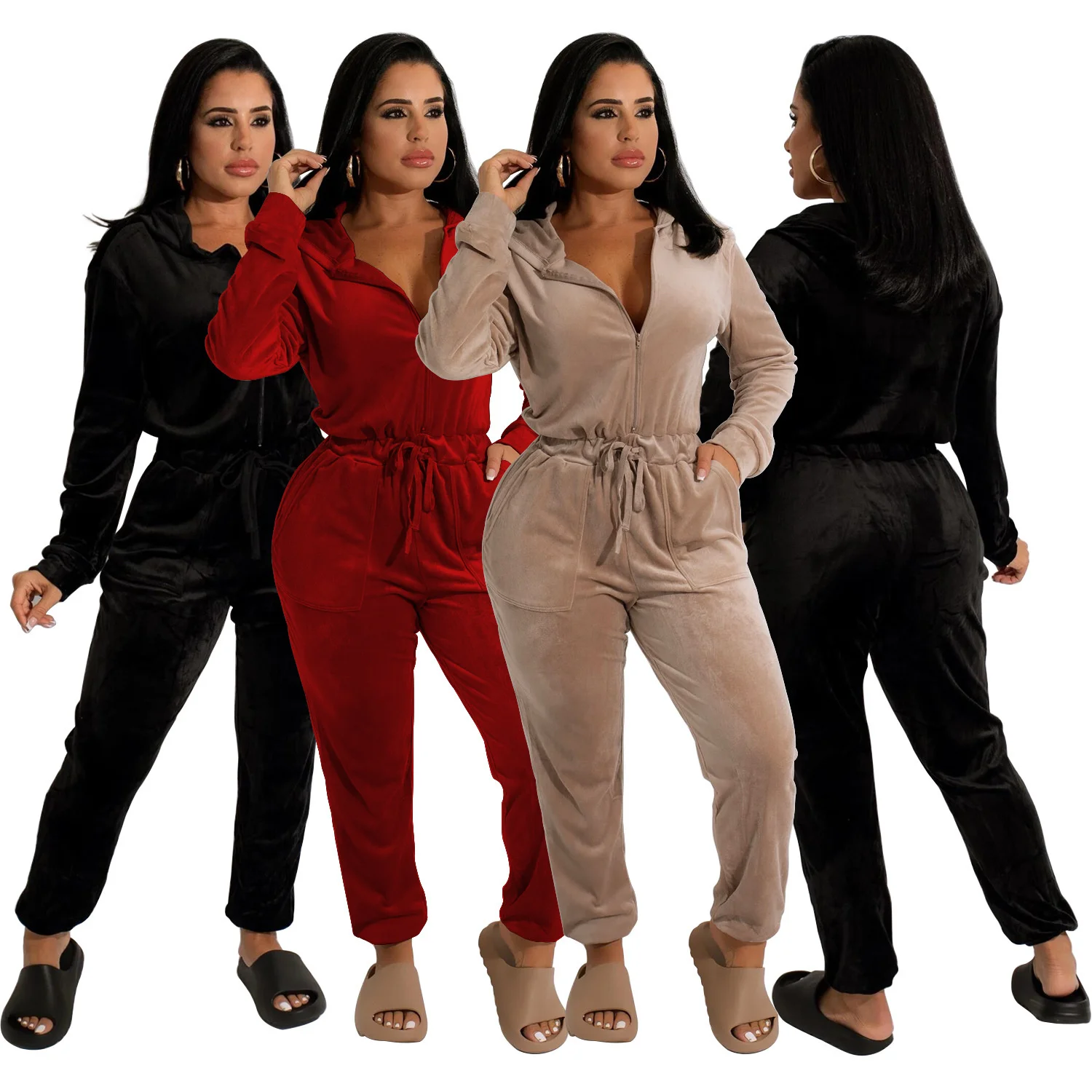 

Cutubly Rompers Jumpsuits With Pockets Womens Velvet Casual Jumpsuit Girls Loose Long Sleeve High Street Female Clothing Outfits
