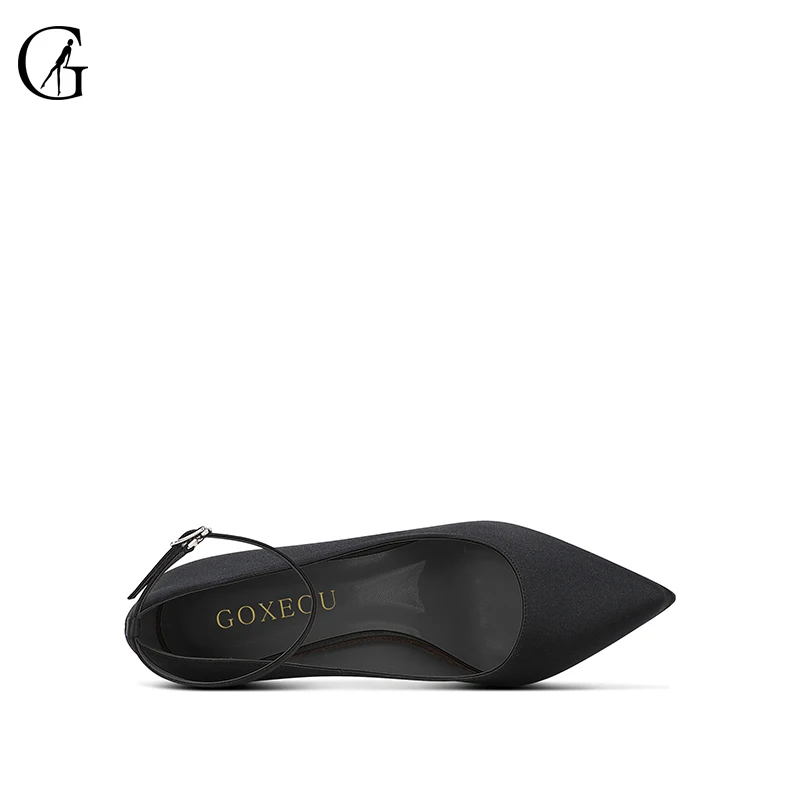 GOXEOU Women's Pumps Satin Ankle Strap Black Pointed Toe High Heels Party Sexy Nightclub Fashion Office Lady Shoes Size 32-46