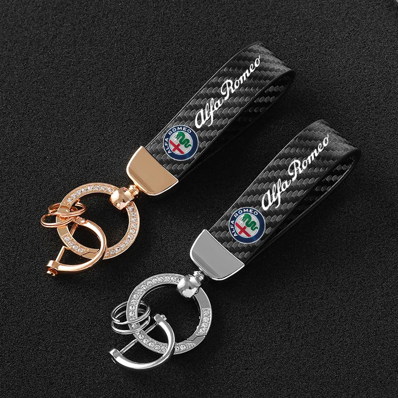 

Carbon Fiber Leather Car Keychain With Diamond Custom Emblem Luxury Key Ring For Alfa Romeo Giulia Stelvio Giulietta 159 147 156