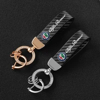 carbon fiber leather car keychain with diamond custom emblem luxury key ring for alfa romeo giulia stelvio giulietta 159 147 156