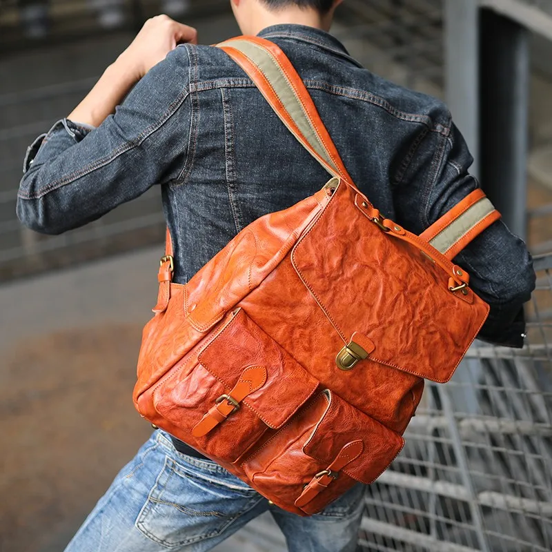 

Handmade Cowhide Fashion Trend College Student Bag Mens Motorcycle Backpack Retro Big Capacity Genuine Leather Travel Backpacks