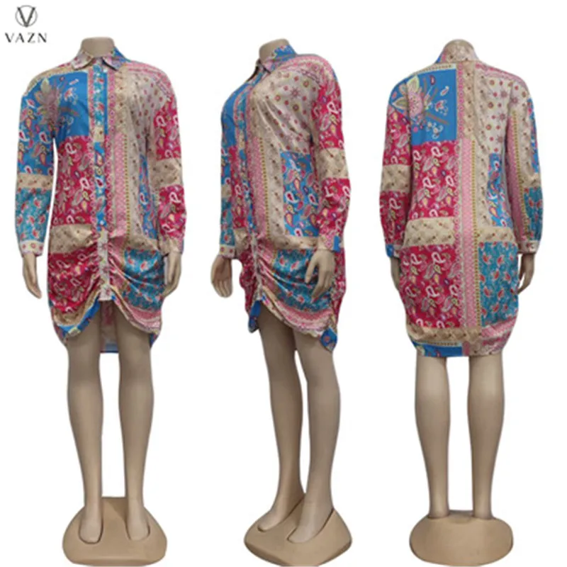 VAZN New Design Colorful Street Style Sexy Shirt Dress 2019 V-neck Long sleeve dress Loose Lady Party Club | Женская одежда