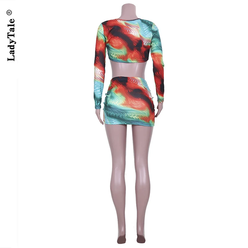 

Sexy Boho Colorful Women 2 Piece Set Bandage Crop Tank Top Ruched Drawstring Summer Vacation Long Sleeve Outfit