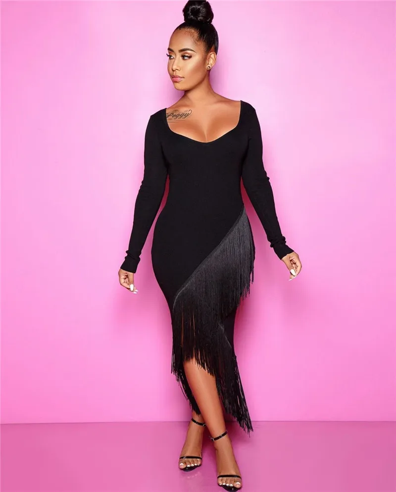 Высокое качество с длинным рукавом Твердые кисточкой Bodycon вискоза Бандажное