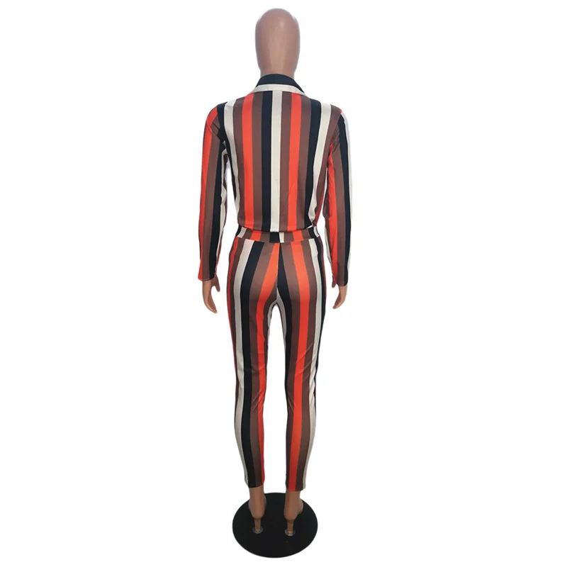 

Casual Lady Suit Fashion Buttons Long Sleeve Striped Orange Two Piece Set Women Street Style Slim Clothes Wholesale Dropshipping
