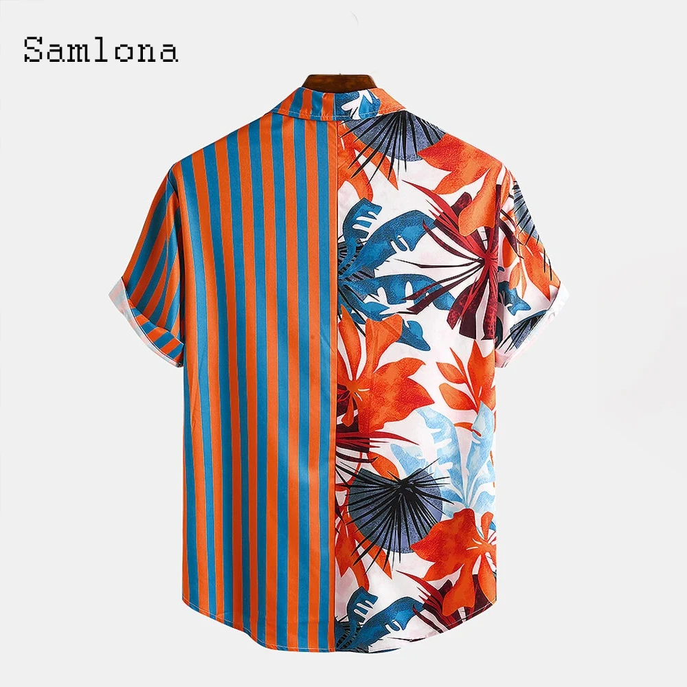

Samlona Leisure Shirt Patchwork Basic Tops Men clothing 2021 Summer Flower Print Casual Open Stitch Mens Blouse Plus size S-3XL