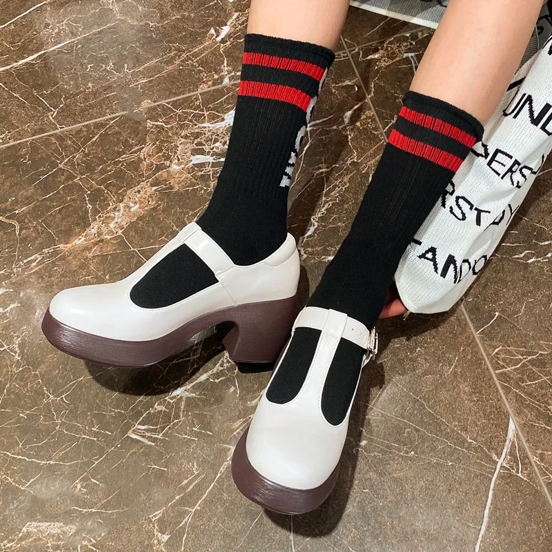 

Brand Genuine Leather Woman Pumps Quality High Heels Platform T-Strap Pumps Spring Black Dress Casual Shoes Woman Big Size 34-40