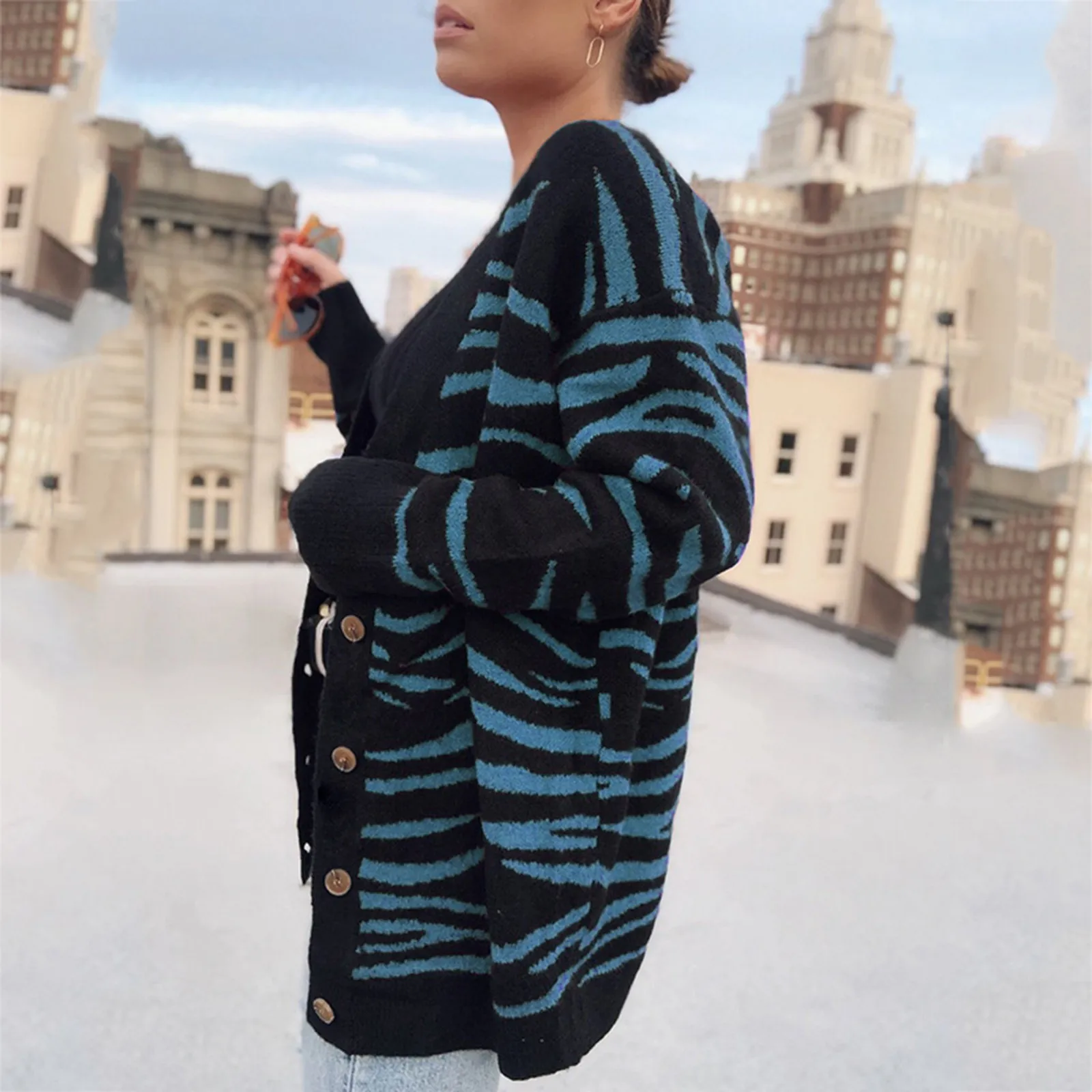 Женский Осенний вязаный кардиган свободные свитера с длинным рукавом и принтом