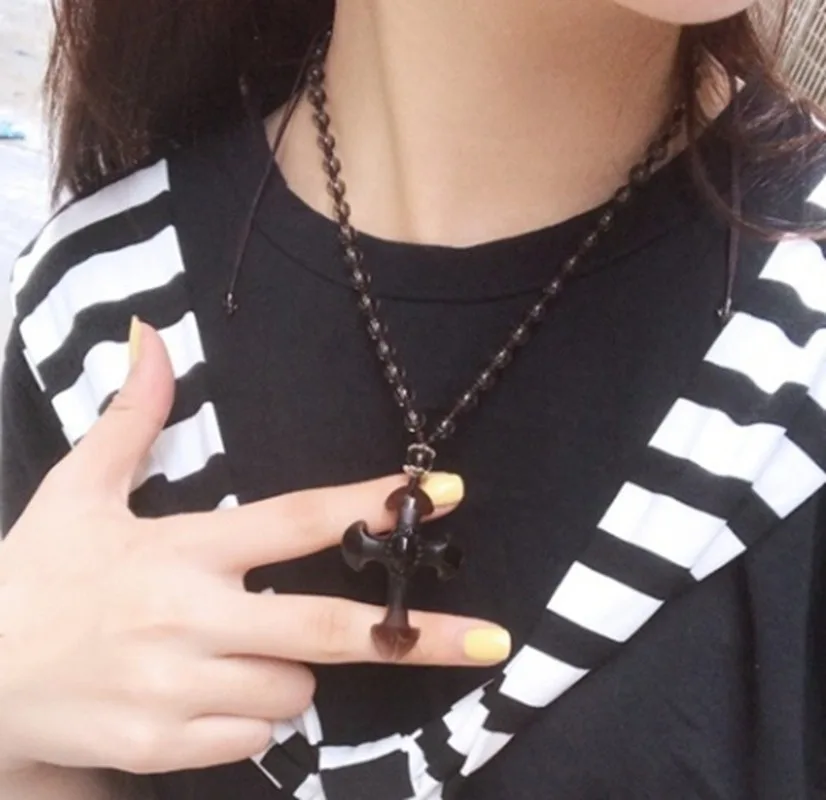 Природный черный обсидиан резной крест счастливое ожерелье из бисера для женщин