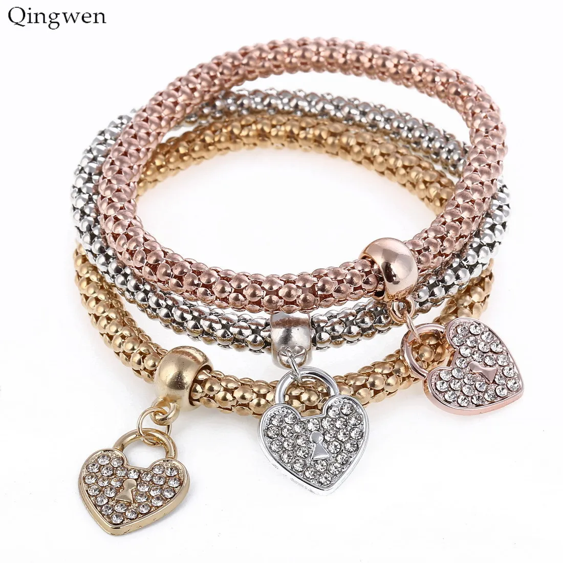 3 шт./компл. браслеты с шармом в виде сердца из розового золота покрытый серебром