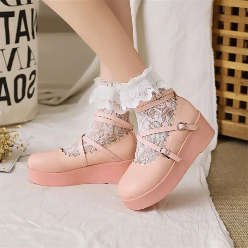 FOREADA Woman Lolita Style Shoes AnkleWedges High Heels Pumps Platform Buckle Lady Footwear Round Toe Lovely Pumps 34-43 Pink