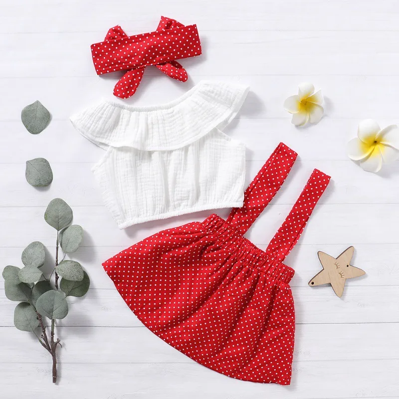 

Summer Sleeveless Romper Skirt Set Baby Girl Skirts Set Sleeveless T-shirt+Dot Print Strap Skirt+Headband Casual Outfits Hot