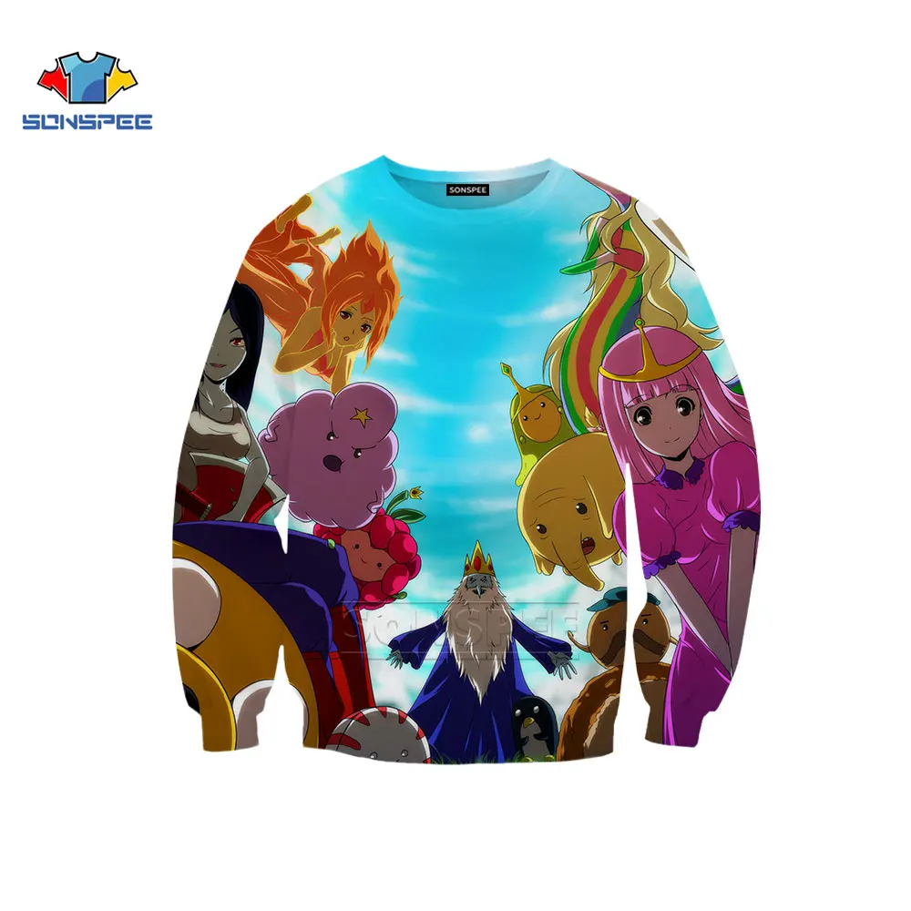 

SONSPEE Adventure Time Animation Sweatshirt New Men Women Hoodies 3D Print Long Harajuku Cute Sleeve Fashion Top Neck Pullover