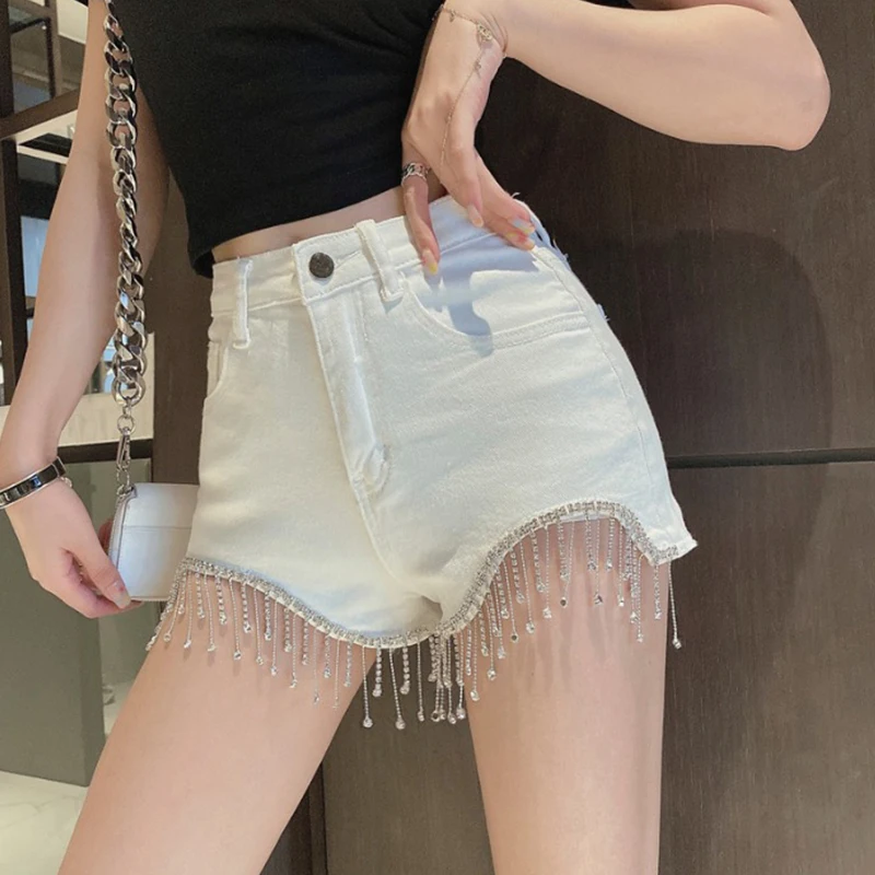 

Summer Women Jean Super Shorts Gray Tassel Button High Waist Korean Style Denim Short Pants Fashion White Female Jeans Popular