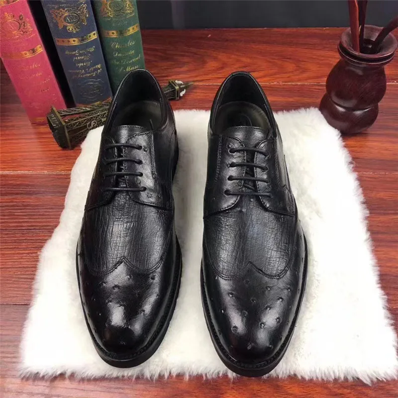 

Мужские броги из натуральной страусиной кожи, классические туфли-оксфорды, на шнуровке, в деловом стиле, экзотическая кожа, черные туфли дер...