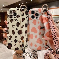 for iphone 13 11 pro max 12 xs xr cover cases for iphone 7 8 plus glossy soft imd leopard print lanyard wristbands phone case