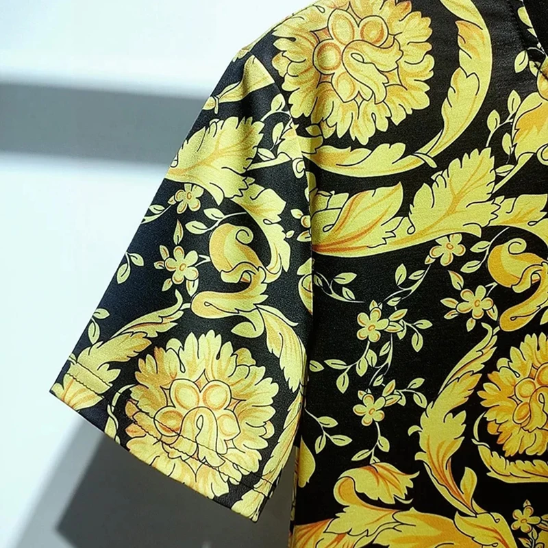 european hot selling mens golden floral t shirt summer beach o neck street hip hop design rock quality craftsmanship brand free global shipping