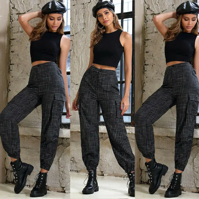 Женские винтажные клетчатая Высокая талия черные длинные брюки Карго спортивные