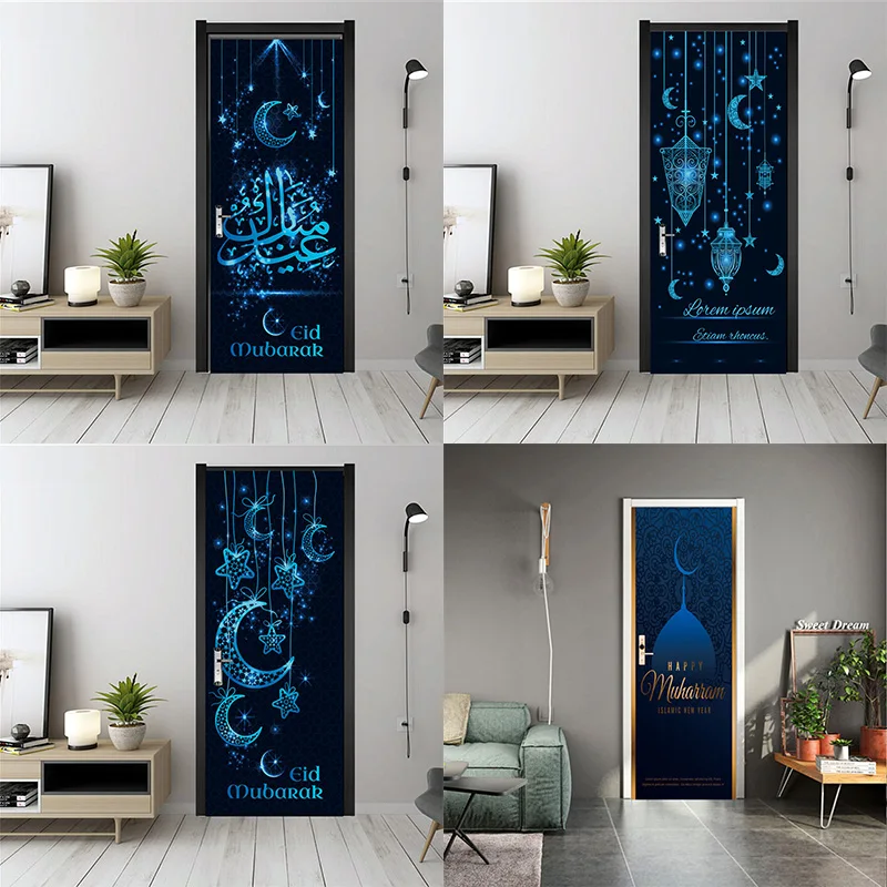 

Мусульманские наклейки на дверь Рамадана, Декоративные самоклеящиеся съемные наклейки, Настенные обои