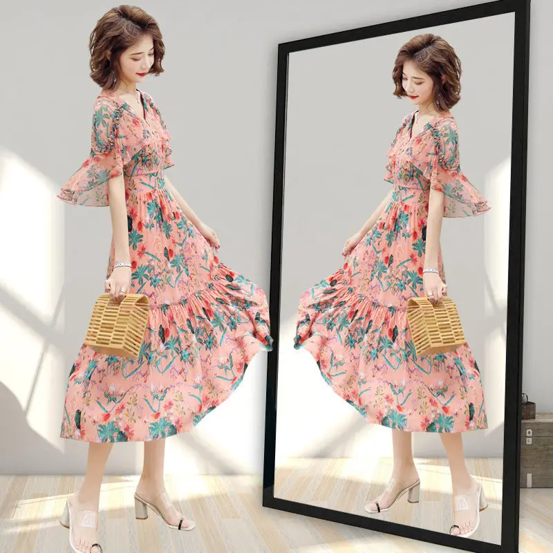 Плащ рукава шифоновое платье с цветочным принтом для женщин складки элегантное