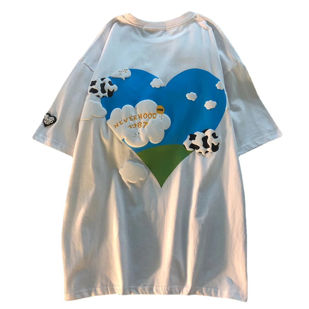 

Cotton Blue Sky And White Clouds Foam Short-sleeved Half-sleeved T-shirt Women Harajuku Printing Casual Oversized T-shirt Women