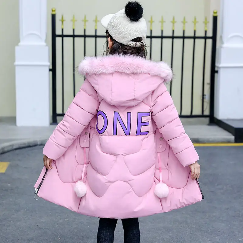 

Cotton Blend Jacket For Girls Autumn And Winter New 2021 Keep Warm Hooded Fur Collar Mid-Length Fashion Casual Children Outwear