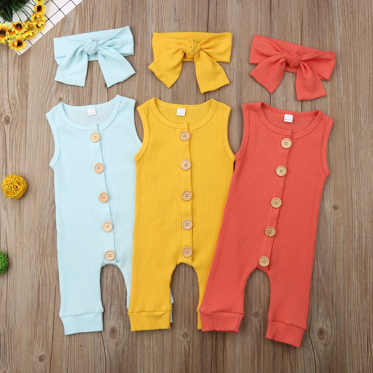 

Summer Babys Boy Outfit Girl Solid Button Cotton Romper Infant Jumpsuit Newborn Clothes Set Soft For Kids