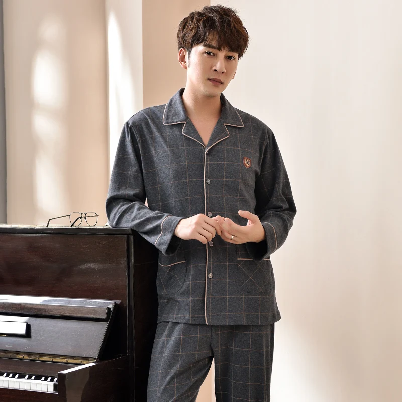 Spring New Male 100% Cotton Sleepwear 2 Pcs Lapel Cardigan Stylish Plaid Grey Men Pajamas Set Luxury Pjs | Мужская одежда