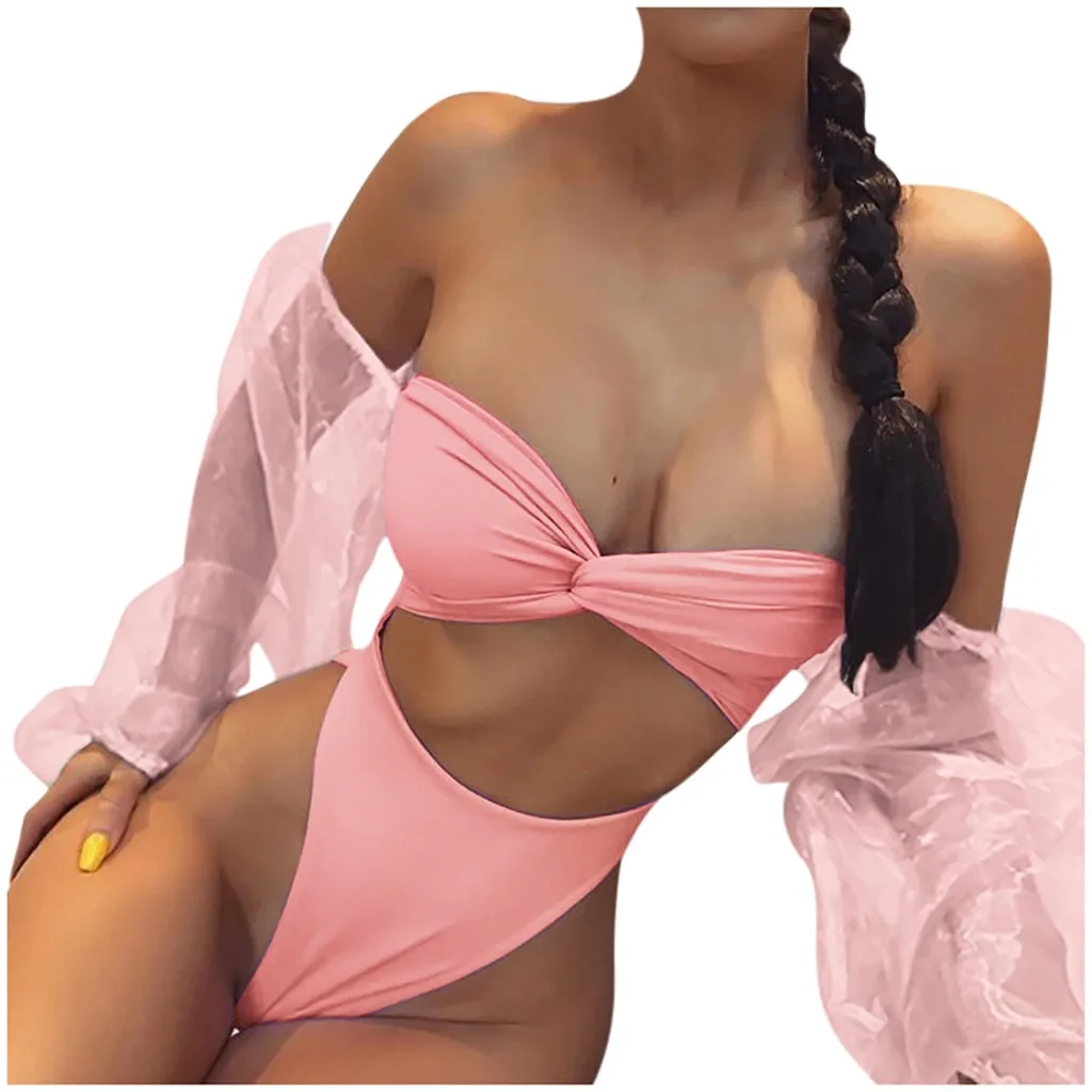 Купальник 2020 сексуальный сдельный для женщин Одноцветный с длинным рукавом в