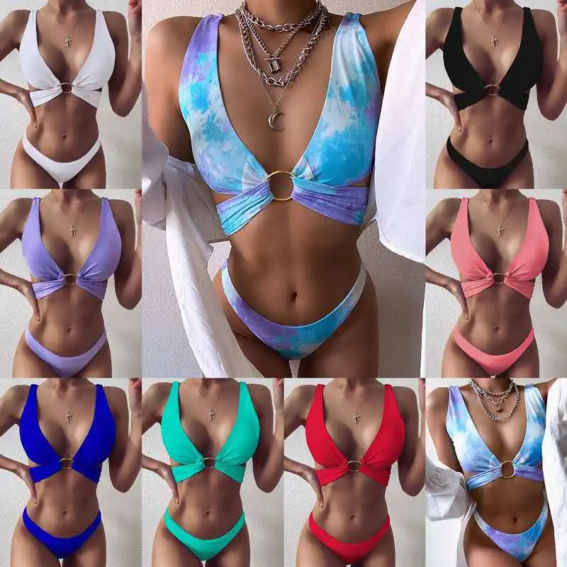 

2021 New circle bind bikini pure color more than double the fabric color fission female swimsuit