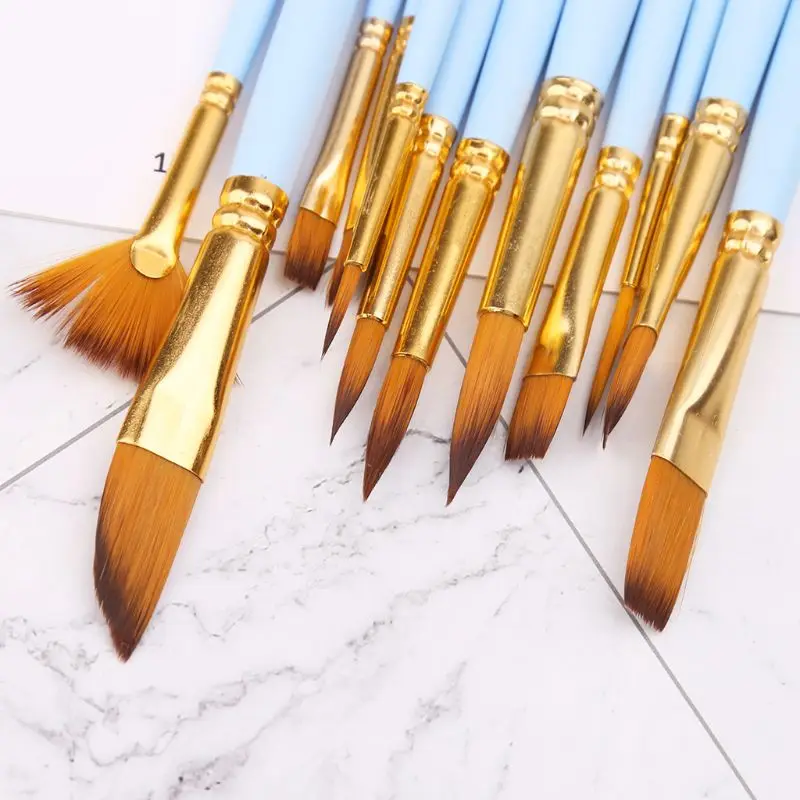 

12pcs/set Artist Paint Brush Set Nylon Hair Watercolor Oil Painting Supplies Different Shape Pointed Tip