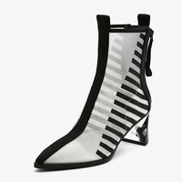 summer boots breathable mesh pointed toe short booties fashion women pumps 6 cm high heels spring white black