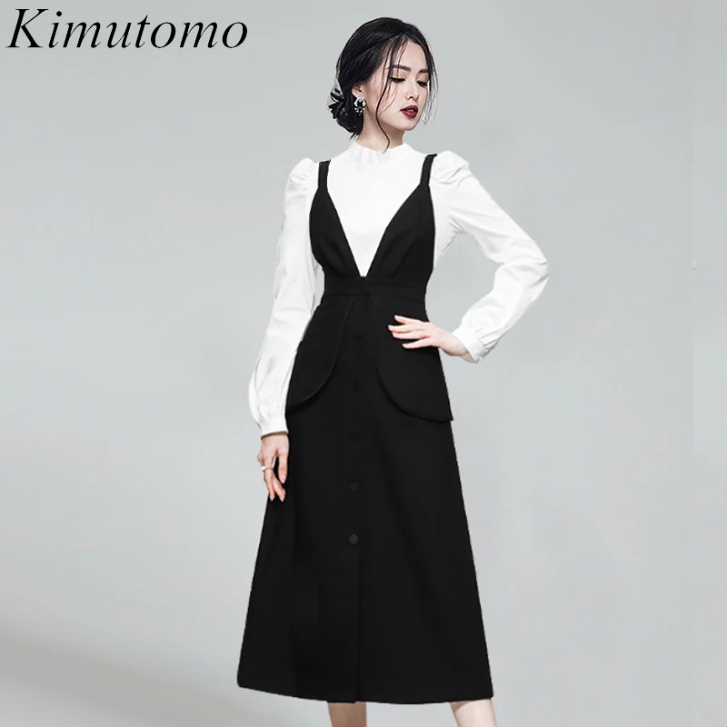 

Kimutomo Women Sets 2021 Autumn Korea Ladies Graceful Retro Pleated Bottoming Shirt Solid Mid-Length V-Neck Strap Dress Suit