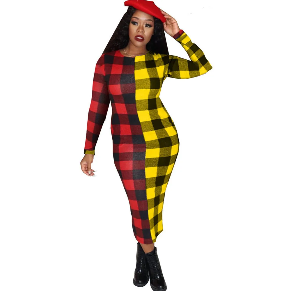 Женское длинное платье в клетку повседневное элегантное облегающее футляр для