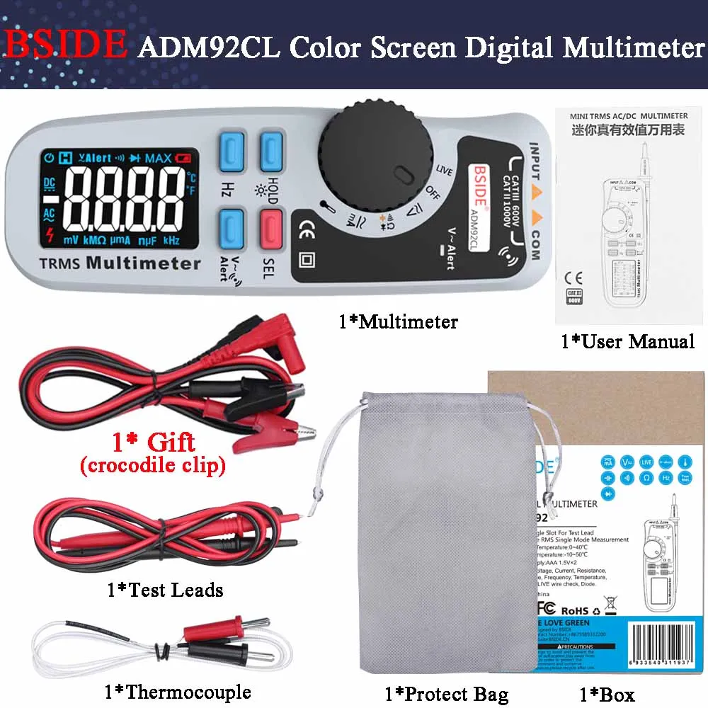 Многофункциональный цифровой мультиметр BSIDE ADM92CL цветной ЖК-дисплей Multimetro Автоматический диапазон True RMS Temp Тестер Вольтметр Ampermetr - Цвет: Color Display-Gift