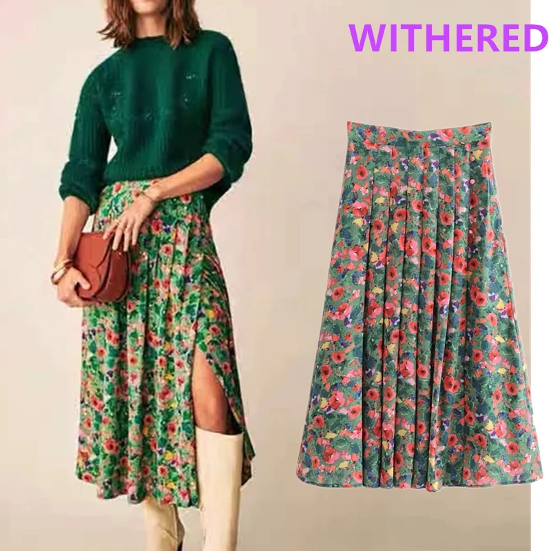 

Withered Ins Blogger England Vintage Floral Print Pleated Fork High Waists Skirt Women Faldas Mujer Moda 2022 Long Skirts Womens