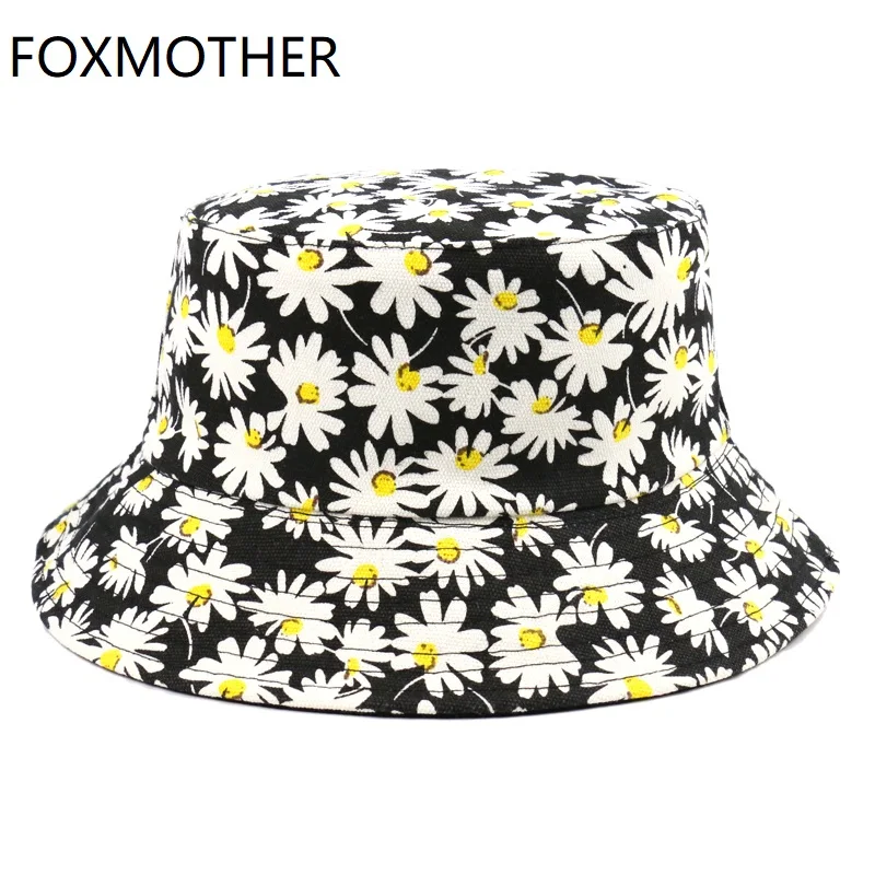 Панама FOXMOTHER двусторонняя для мужчин и женщин, модные черные шапки с цветочным принтом ромашки для рыбаков, летняя