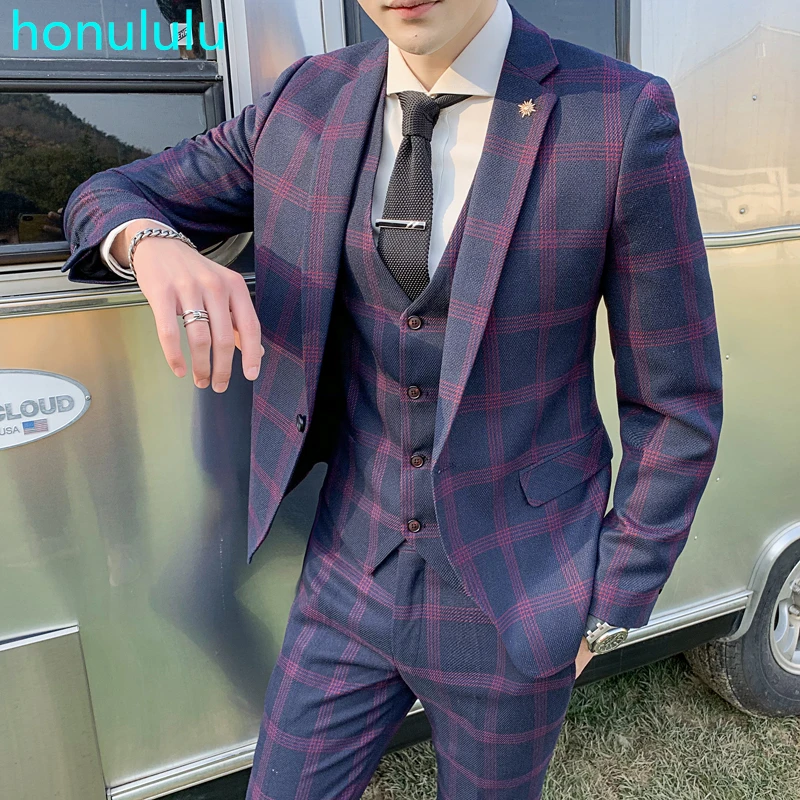 

Suit men's suit three piece youth leisure suit men's European and American British check fashion Slim Fit Wedding Dress