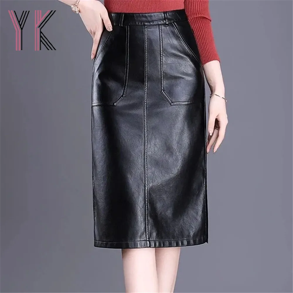

Faux Pu Leather Pockets Black Women Mom Skirts Simple High Waist Knee Length Slimming Skirts Elegant Vintage Side Slit Wrap Saia