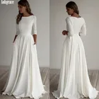 Простой сатин свадебные платья 2021 с карманами с круглым вырезом 34 рукава Свадебные платья Vestido De Noiva молния Назад развертки поезд